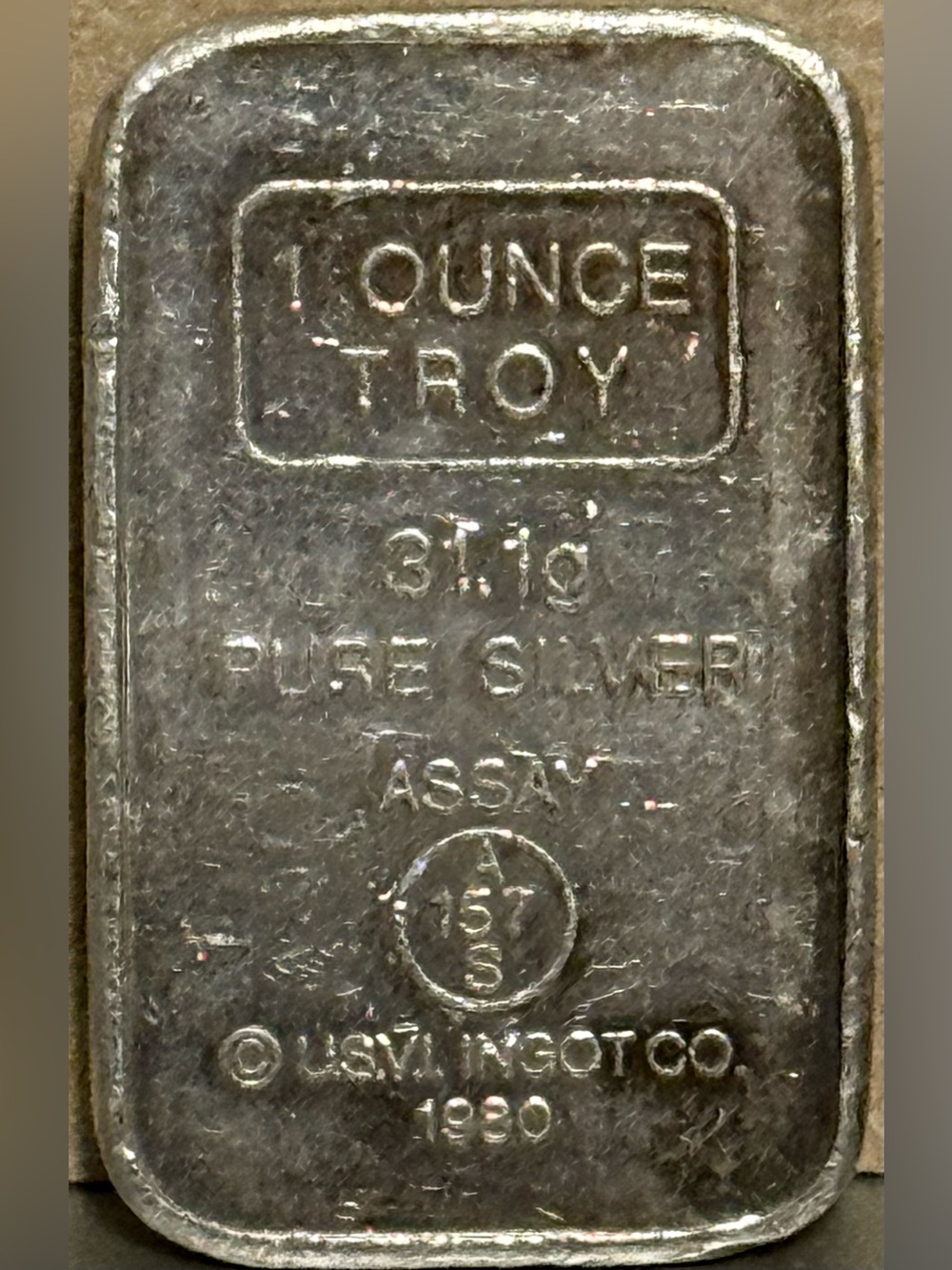 1980 USVI A-Mark Chunky Brick Vintage 1 oz Silver Art Bar, Type 1 Oval Logo - Picture 2 of 4